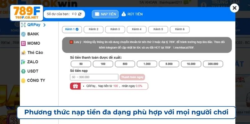 Phương thức nạp tiền đa dạng phù hợp với mọi người chơi